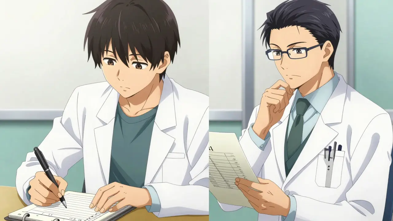 A young man recording symptoms and a doctor reviewing a medical chart.