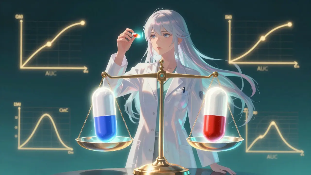 An elegant anime scientist comparing the bioequivalence of brand and generic drugs.