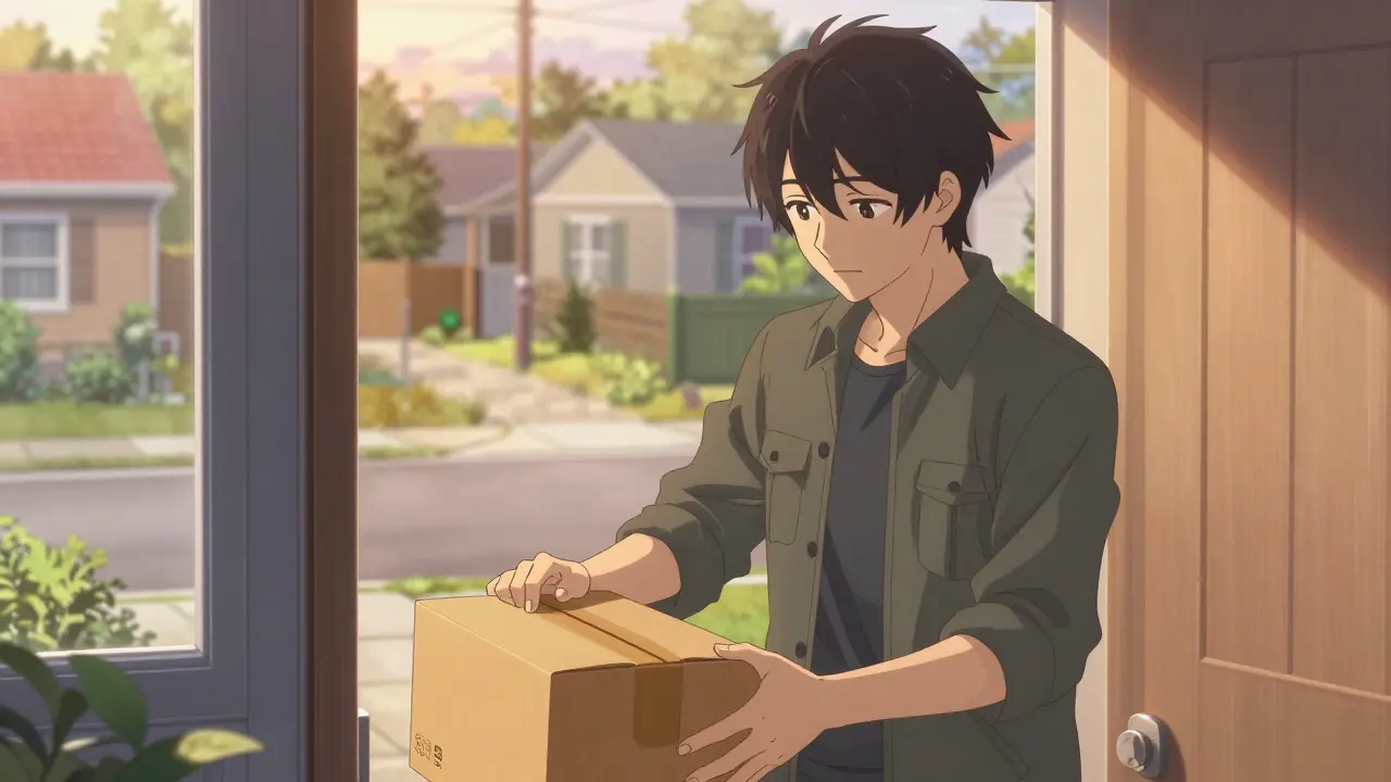Bishounen anime man receiving a pharmacy delivery package at his home