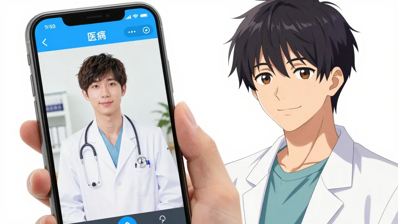 Bishounen anime man using a telemedicine service for a medical consultation on his phone