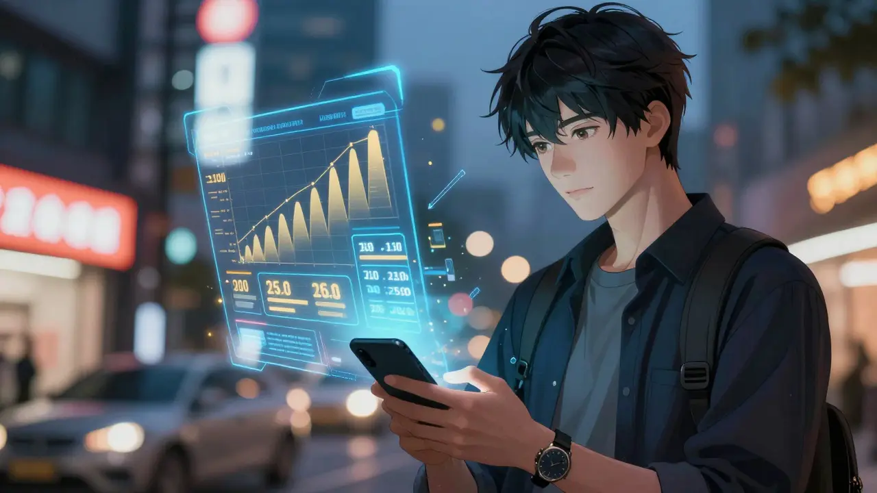 Bishounen character using a digital app to compare pharmacy prices