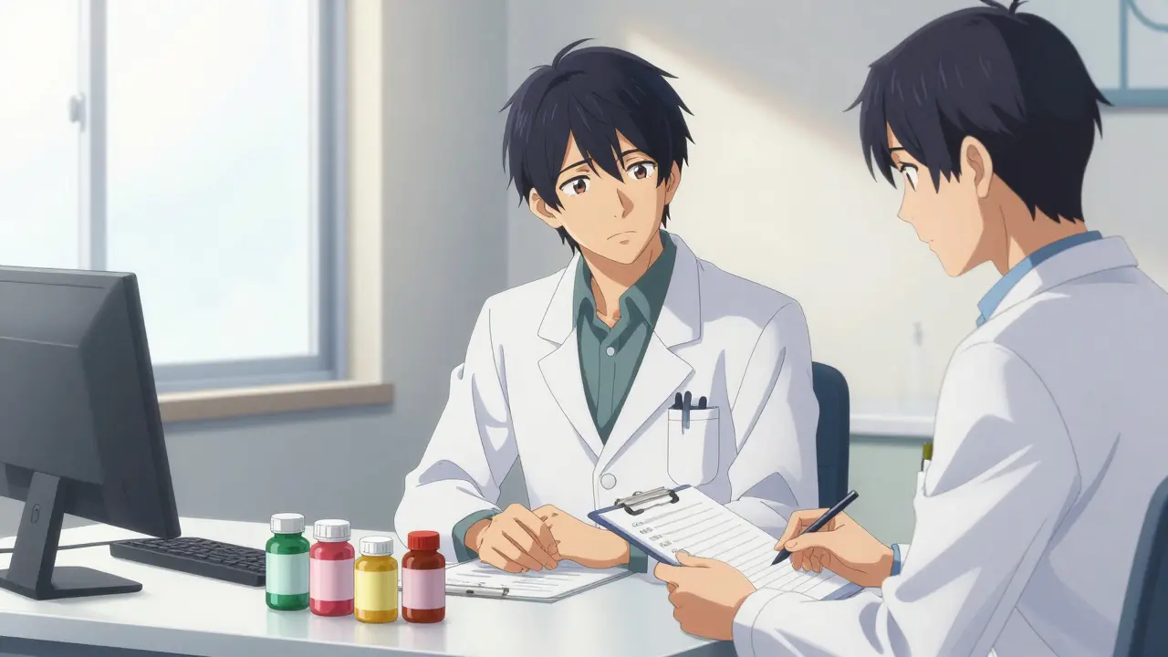 Bishounen man consulting a doctor with supplement bottles on a desk