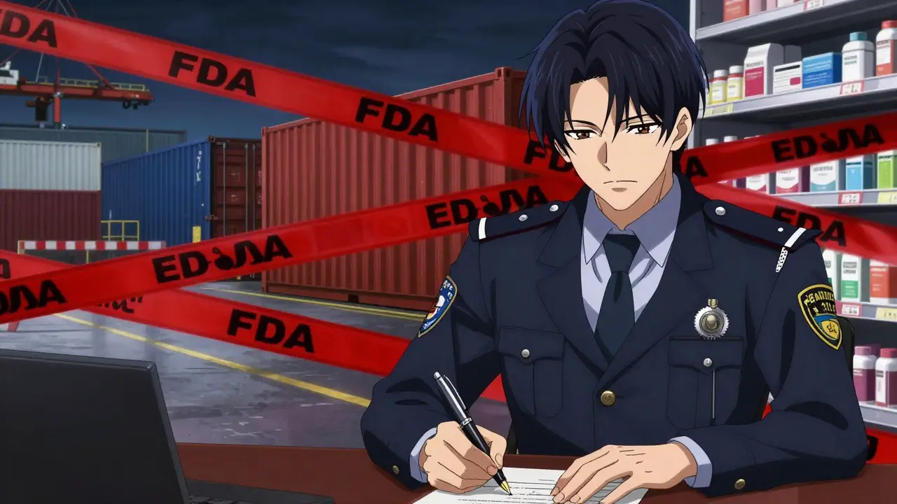 Bishounen style official signing a document with a background of blocked shipping containers and product recalls.