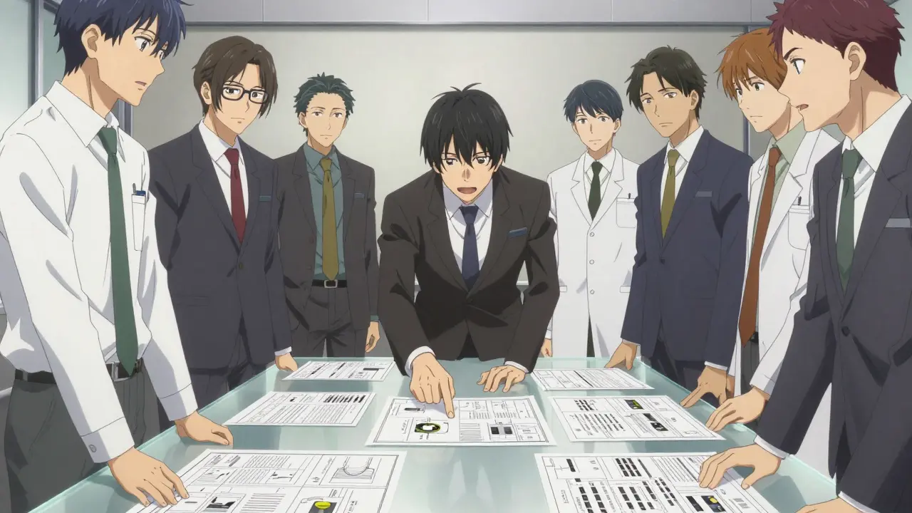 Bishounen style professionals in a high-stakes war room discussing a regulatory corrective action plan.