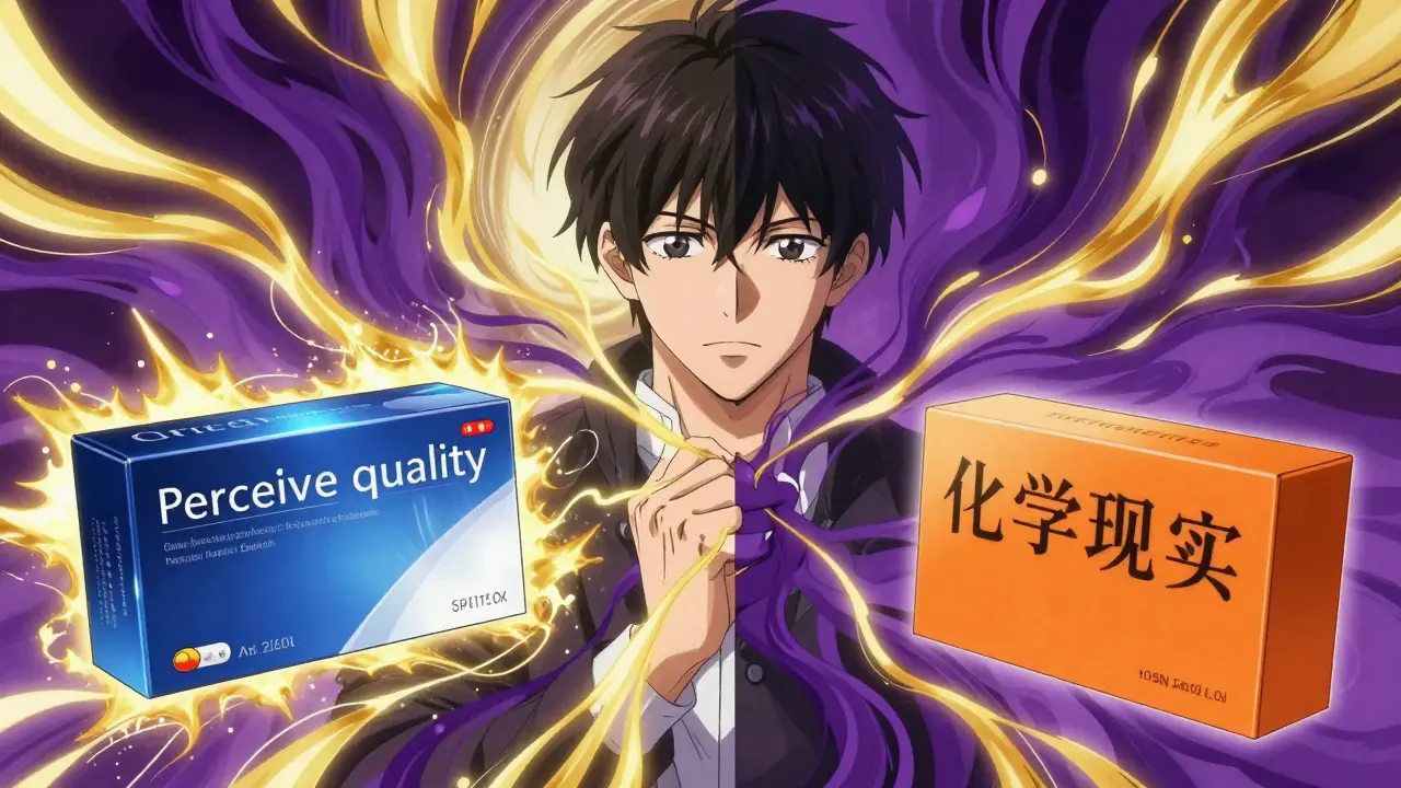 Conceptual split between a luxury blue medicine box and a plain orange generic box