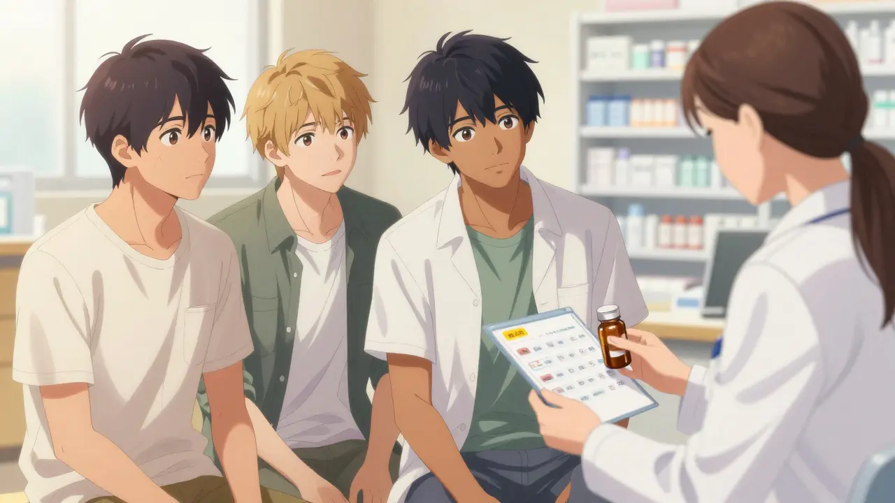 Diverse group of attractive young men discussing medication with a pharmacist