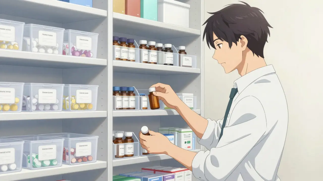 Elegant man organizing medication into labeled bins in a clean linen closet