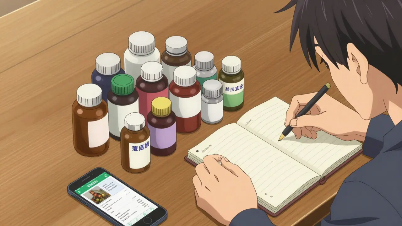 Hands of a man organizing various medication bottles and supplements on a table.