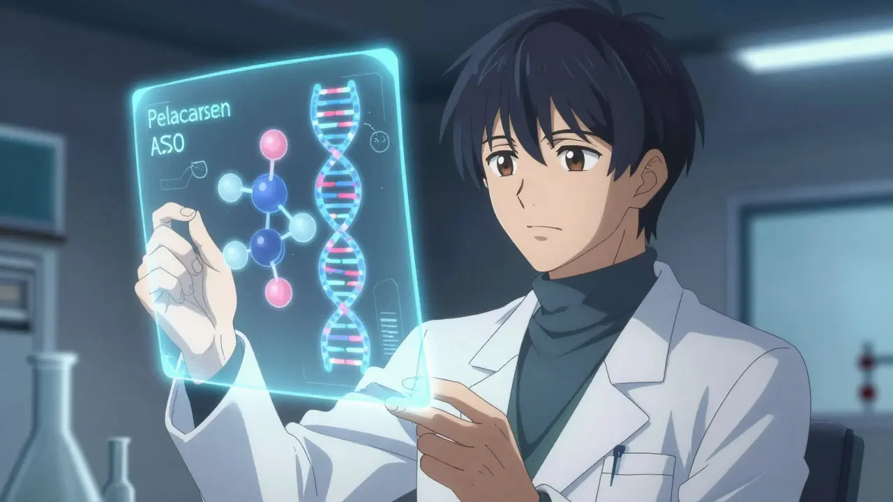 Male scientist analyzing a holographic genetic sequence and drug model