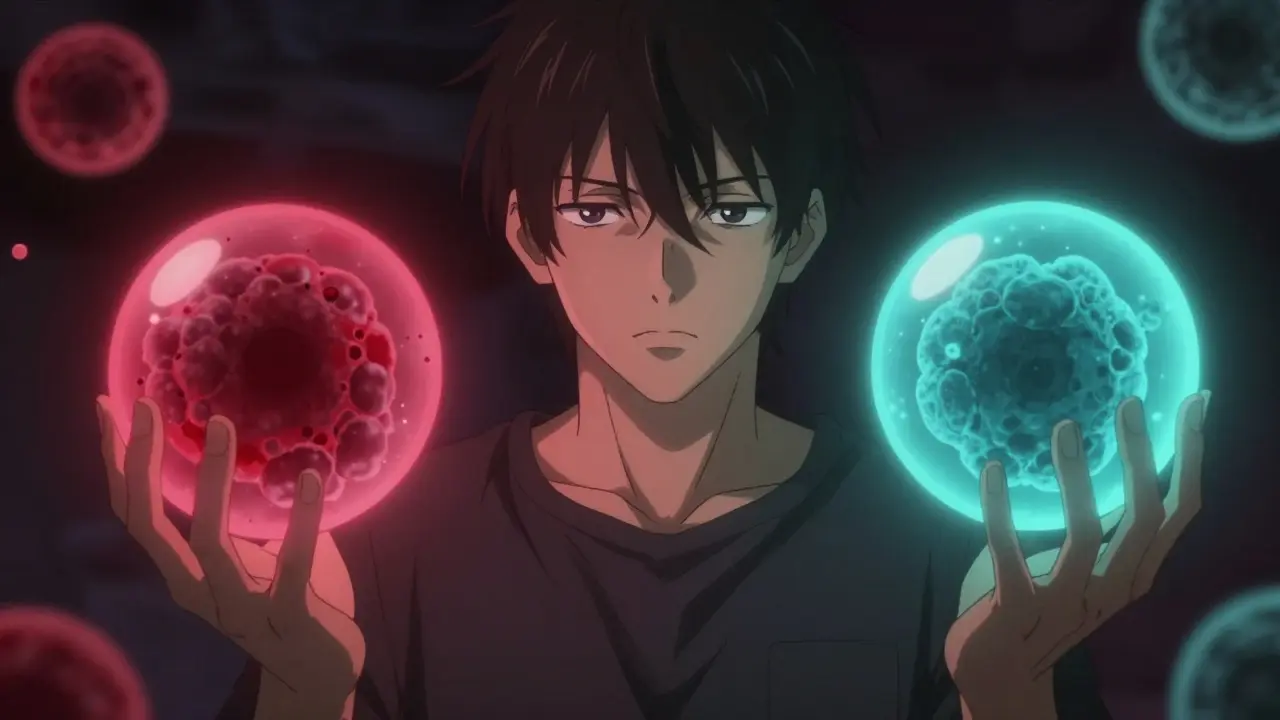 Man balances glowing red and blue spheres representing risk.