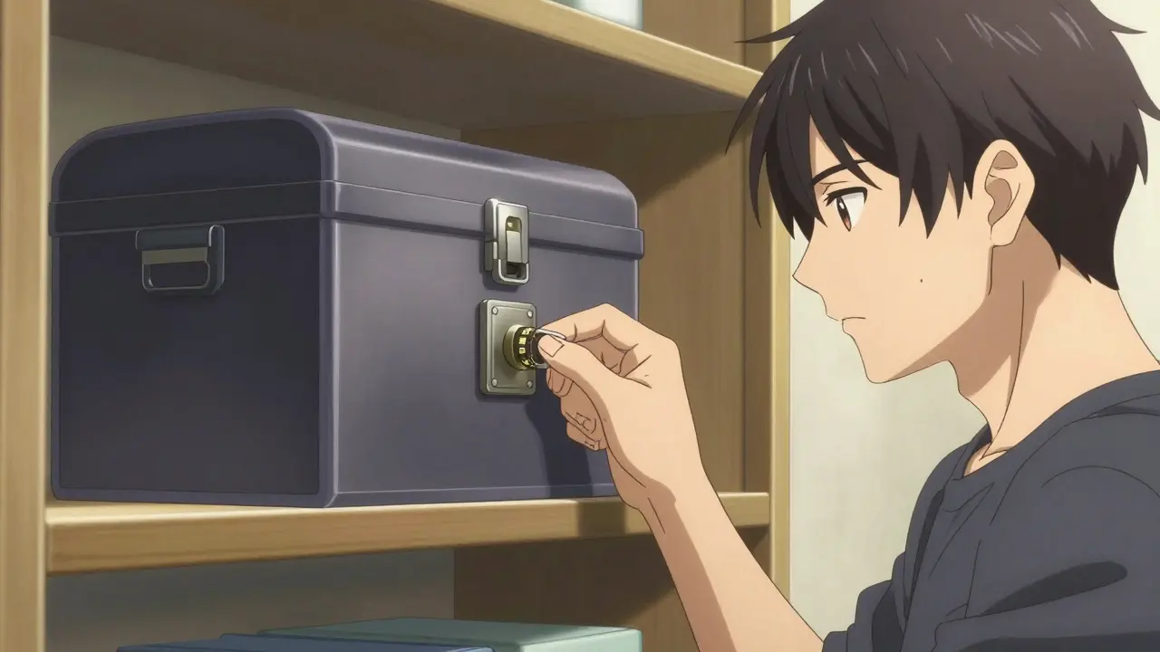 Man securing a medication lockbox on a high shelf to keep it safe