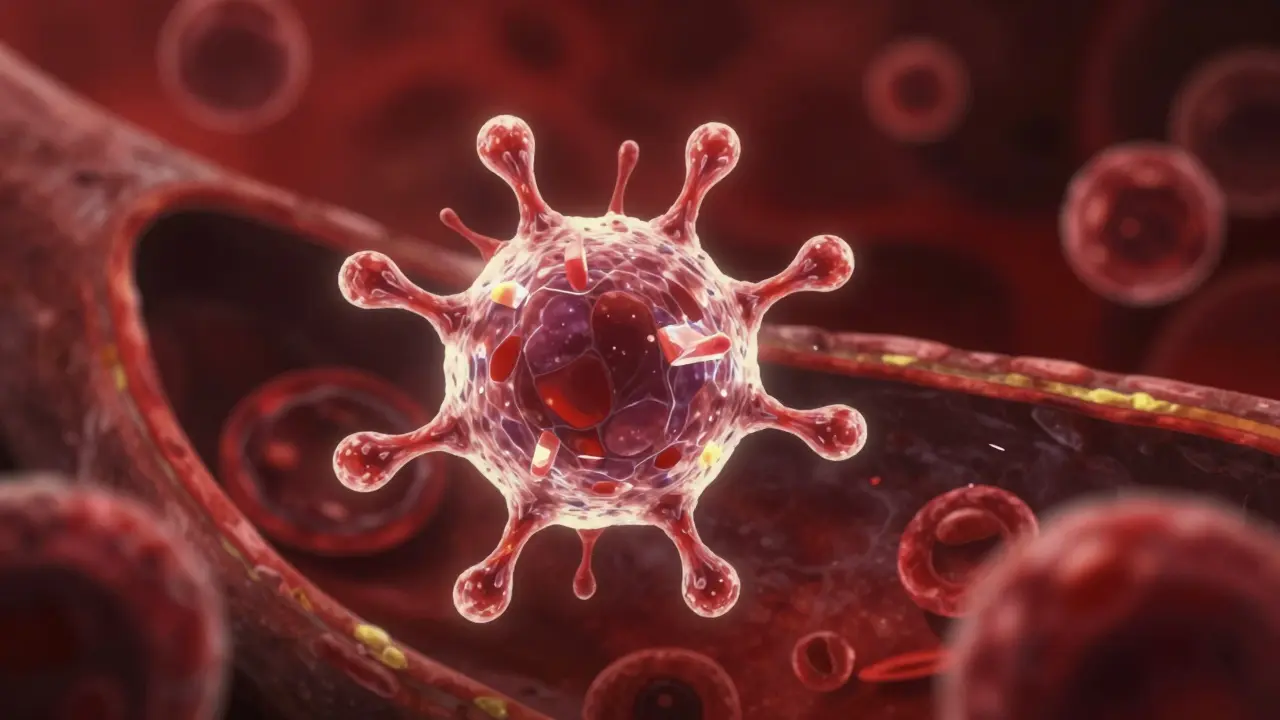 Microscopic view of a glowing Lipoprotein(a) particle in a blood vessel