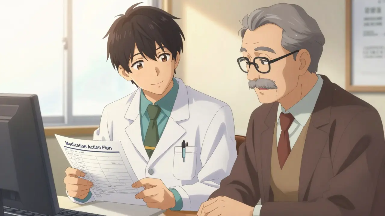 Pharmacist and a patient reviewing a medication action plan together in a sunny office.