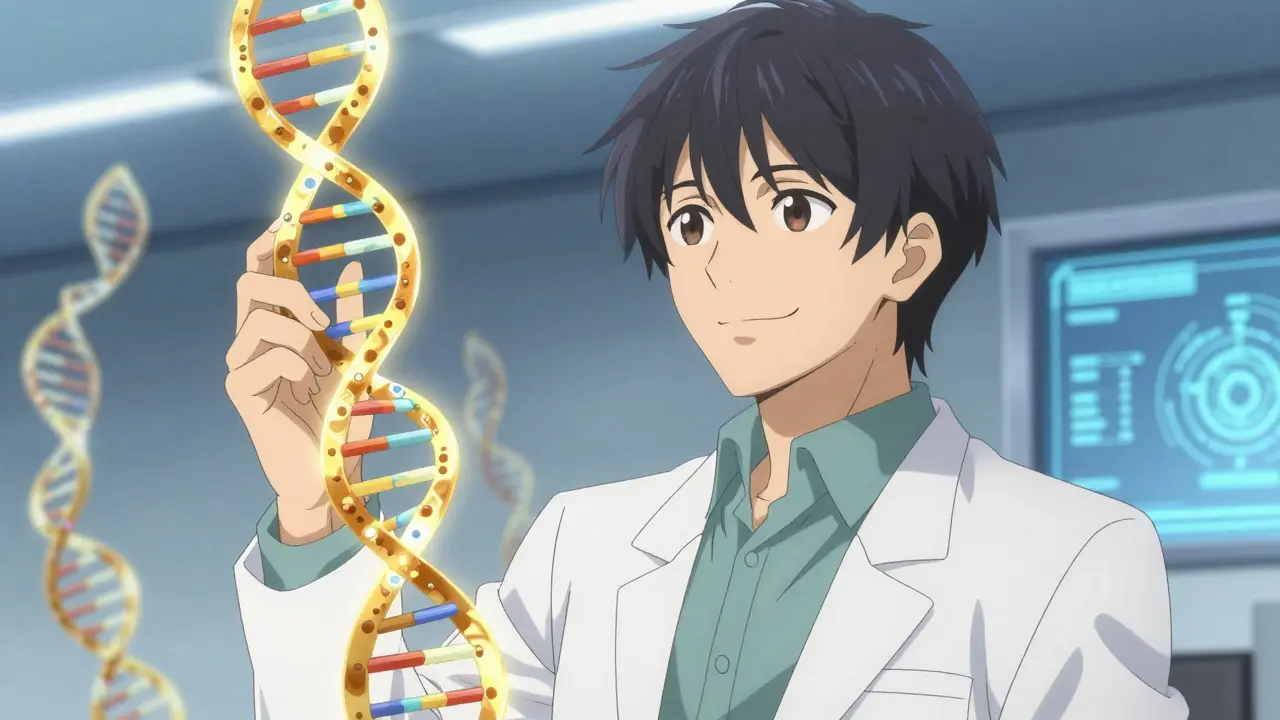 Researcher smiles while viewing golden DNA helix.