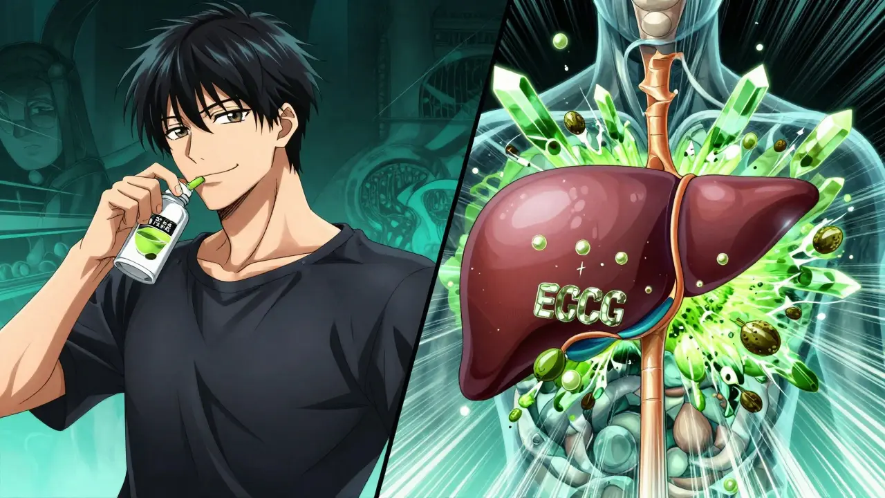 Split scene of a man taking green tea extract and the resulting stress on the liver