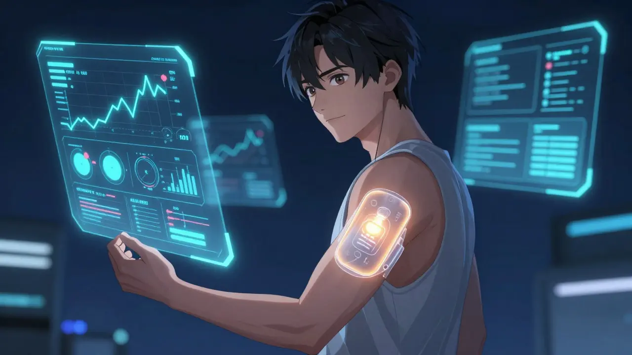Young man wearing a glowing futuristic medical monitoring patch with holographic data