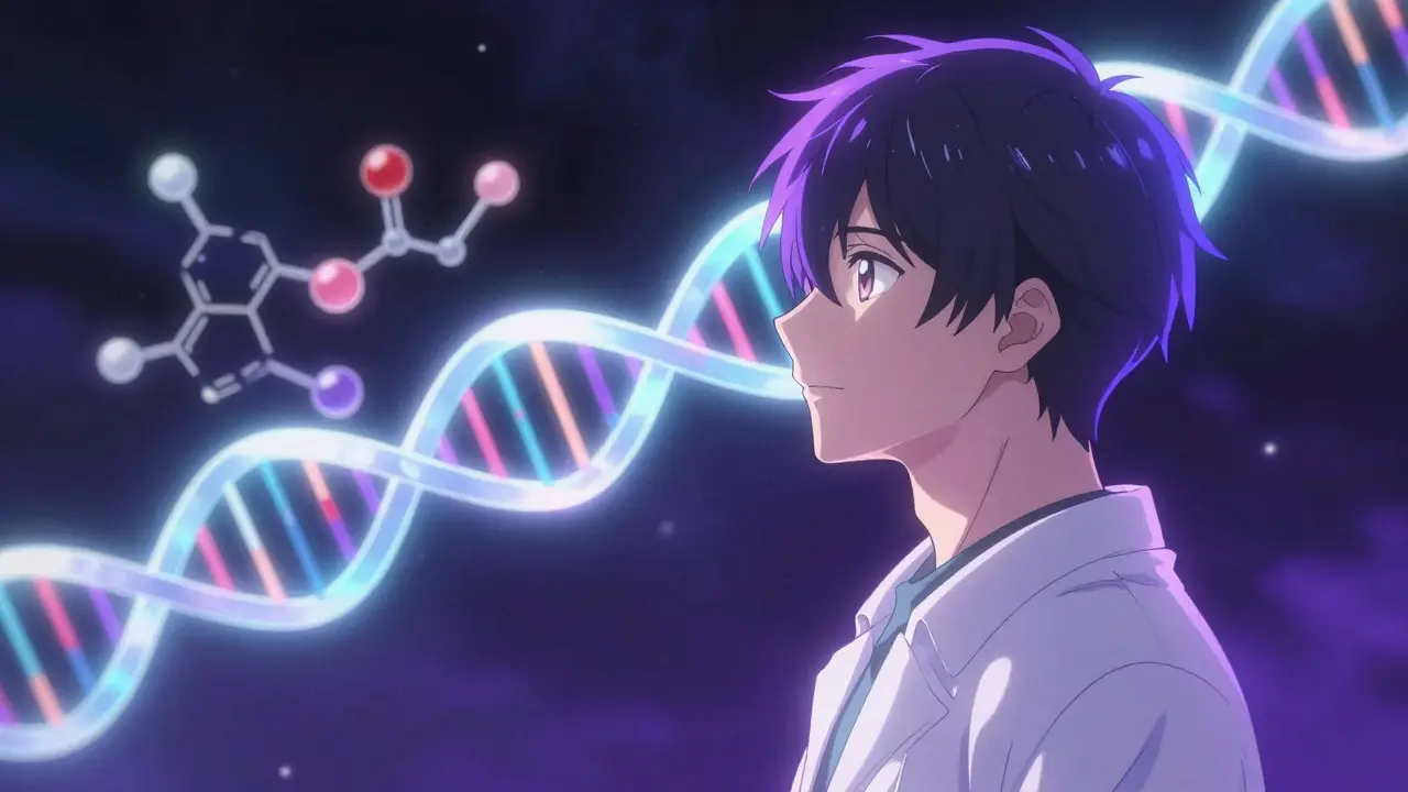 Young man with a glowing DNA helix and molecular structures representing genetic testing.