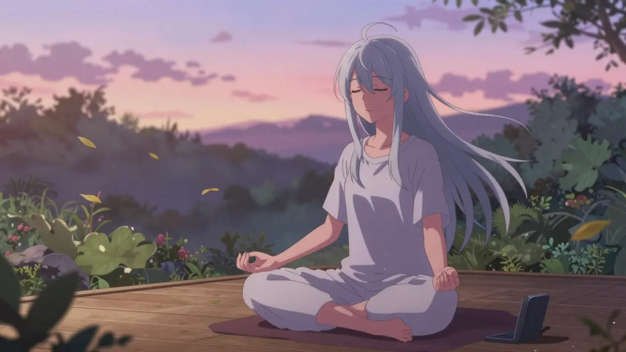 Anime character meditating in a peaceful garden at dusk