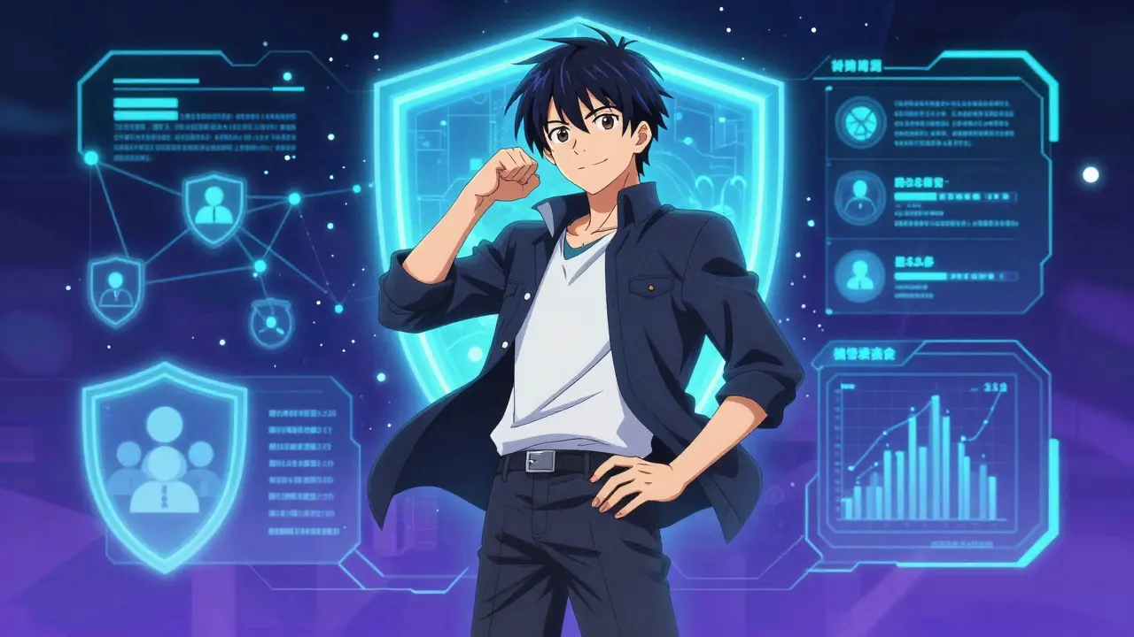 Anime hero submitting a report via a glowing digital interface