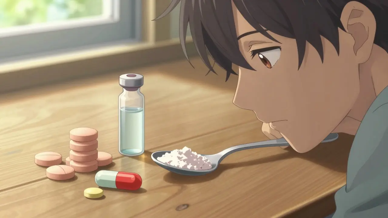 Anime illustration of topiramate tablets, capsules, and liquid forms