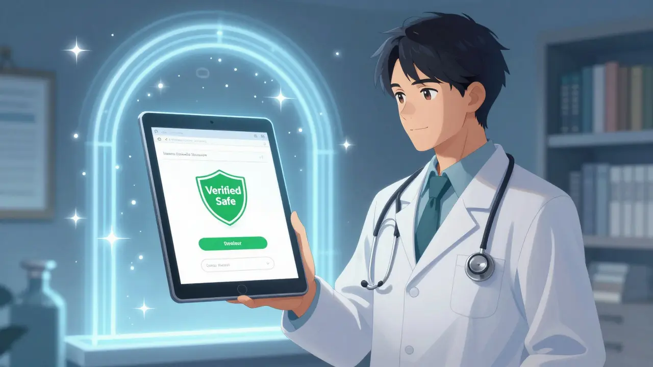Attractive anime man standing by a secure online pharmacy portal with a verification badge.