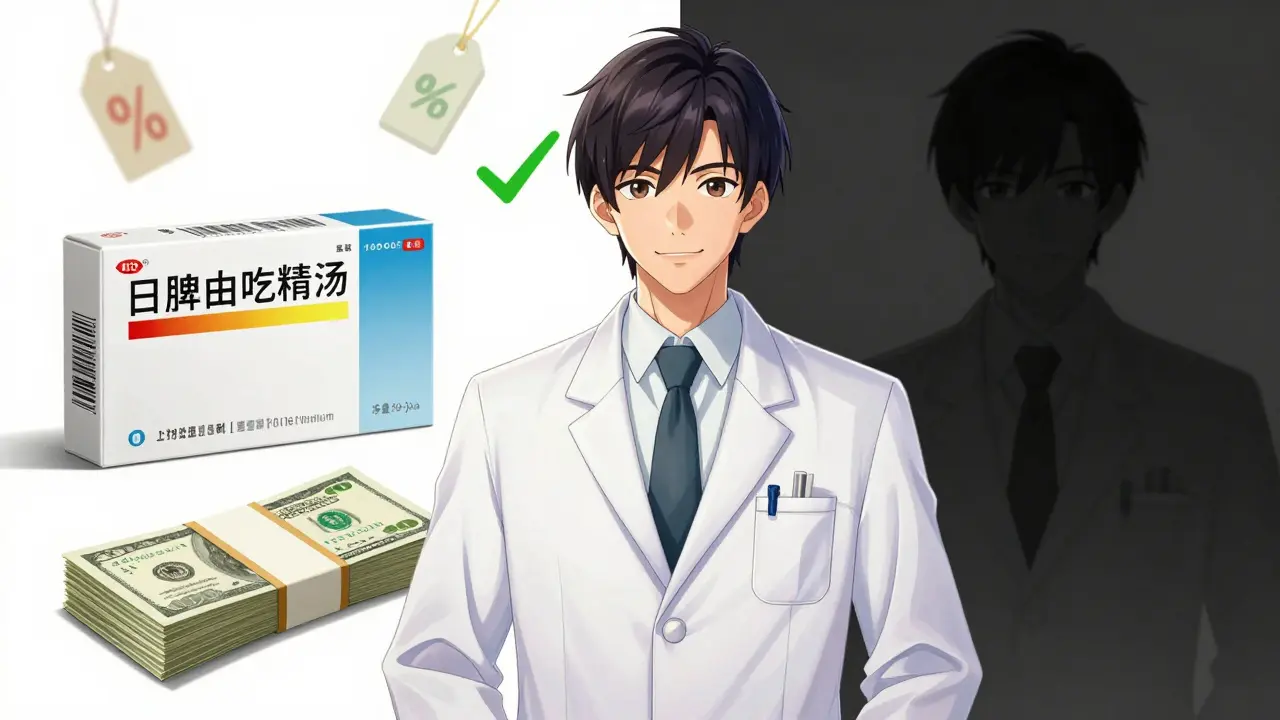 Bishounen style pharmacist showing cost savings of generic medicine vs brand name drugs.