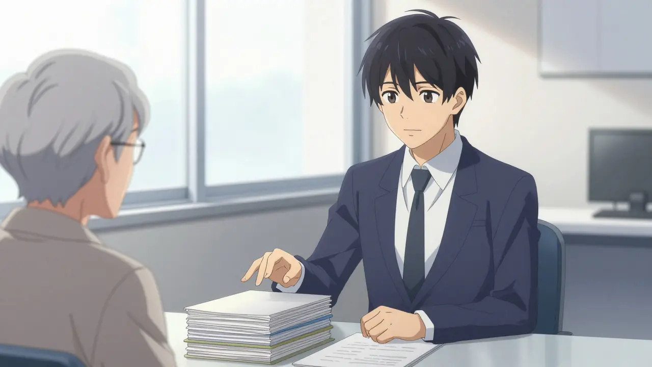 Counselor guiding a patient through healthcare paperwork