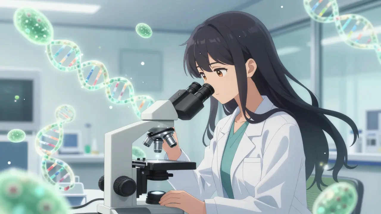 Elegant anime researcher studying glowing stem cells and DNA, symbolizing future MS treatments.