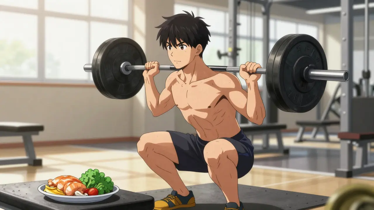 Fit anime man lifting weights in a sunny gym with healthy food nearby.