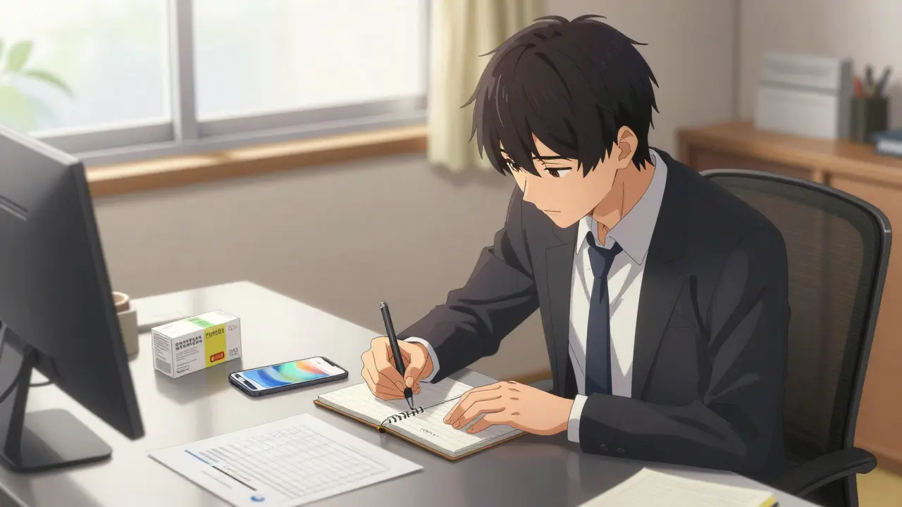 Handsome anime man documenting symptoms at a sunny desk