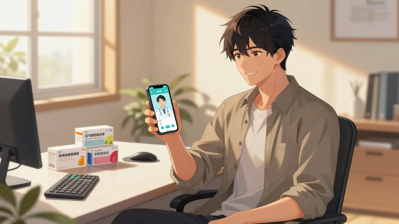 Handsome anime man using telemedicine app for safe online prescription