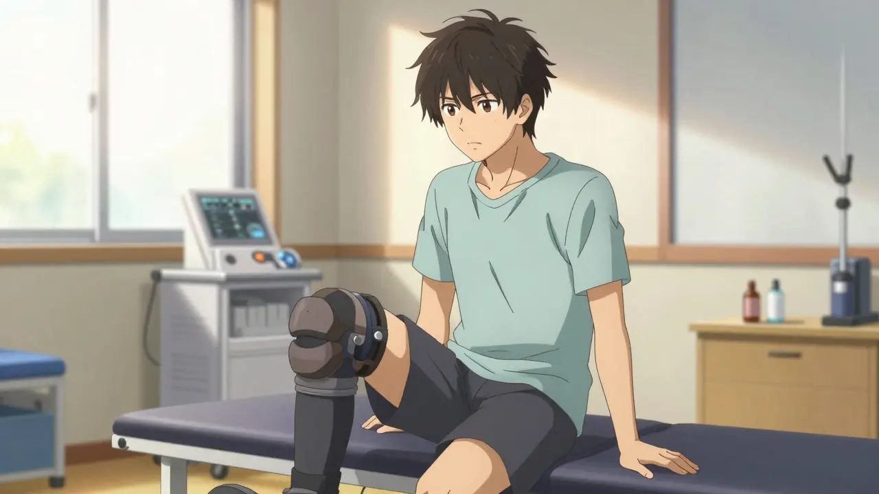 Handsome anime patient practicing balance exercises in a sunlit rehab center, showing determination.