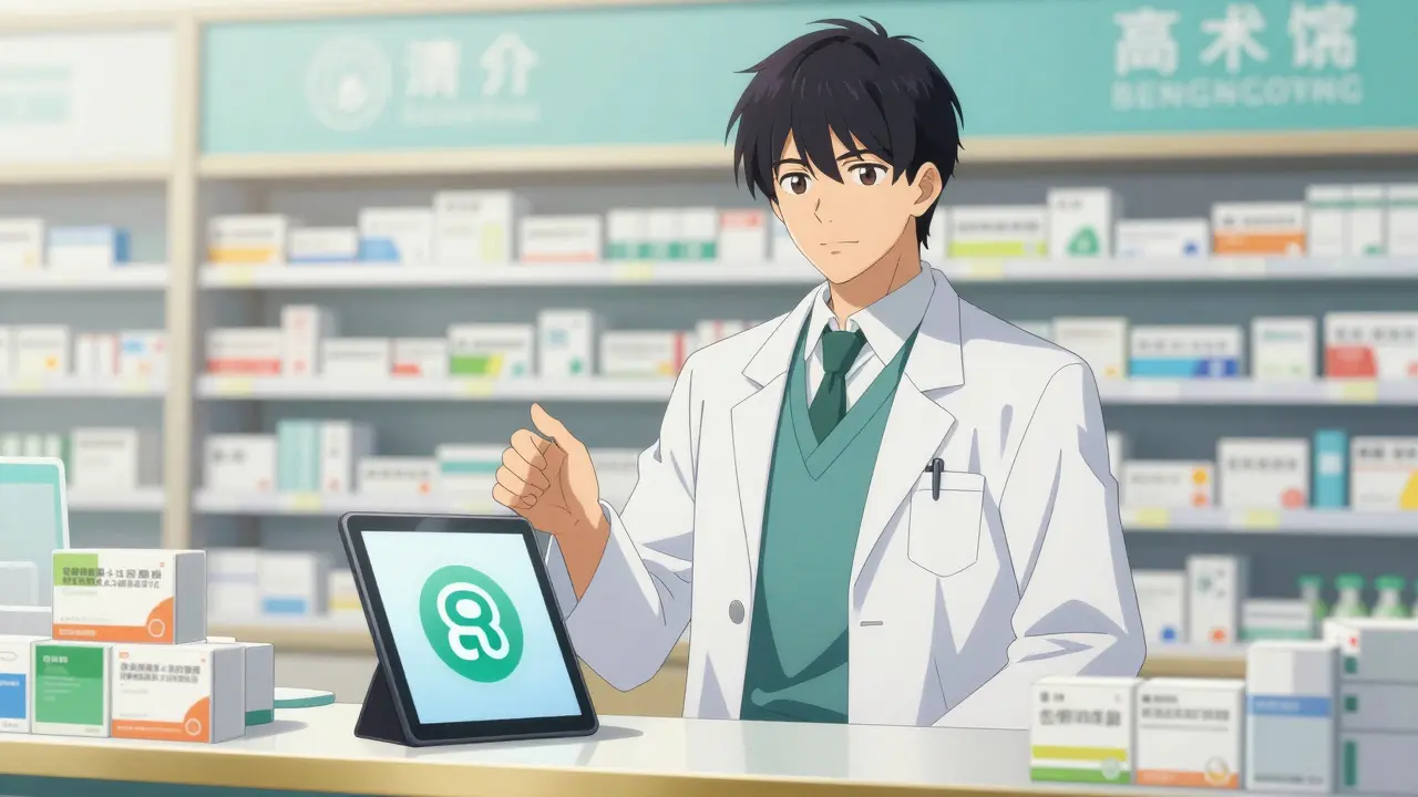 Handsome pharmacist showing discount coupon on tablet