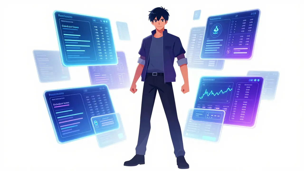 Man surrounded by digital health data interfaces