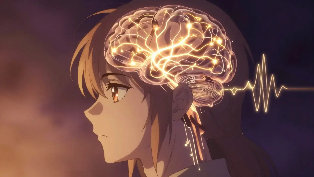 Manga illustration of brain neural activity causing tinnitus sounds