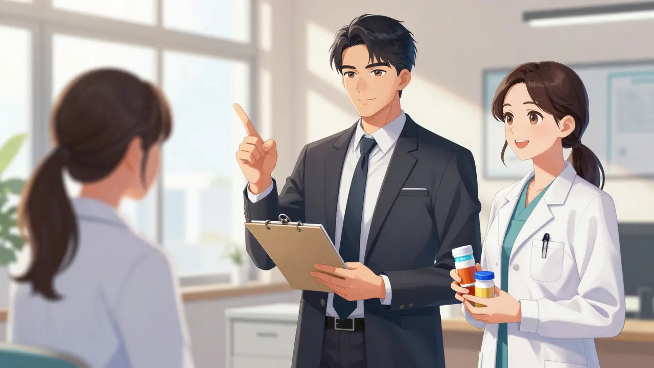 Patient confidently discussing symptoms with a doctor