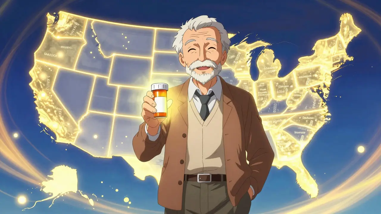 Senior citizen holding glowing medicine with US map background
