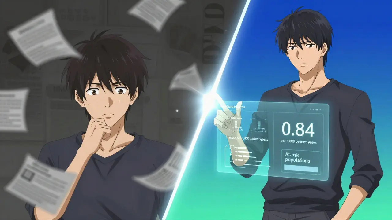 Split scene showing evolution from vague old warnings to precise modern data metrics