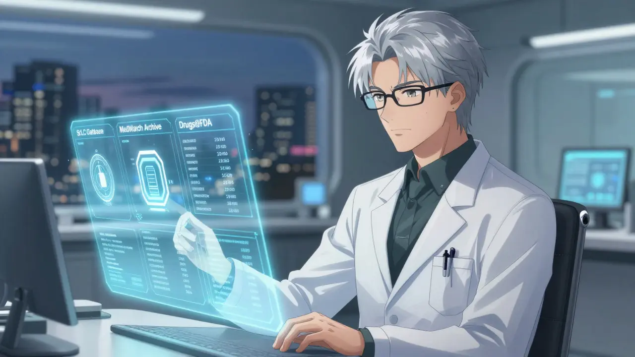 Stylish anime clinician reviewing holographic FDA drug safety databases at his desk