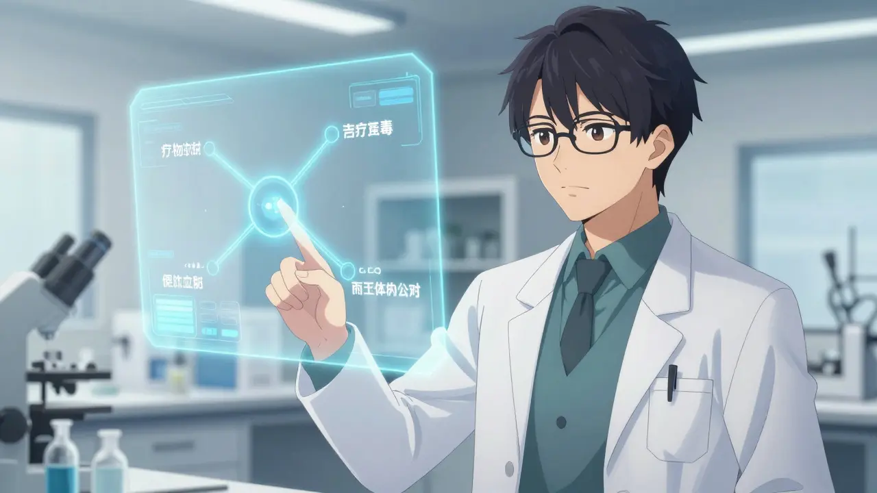 Stylish anime doctor explaining metabolic pathways via hologram
