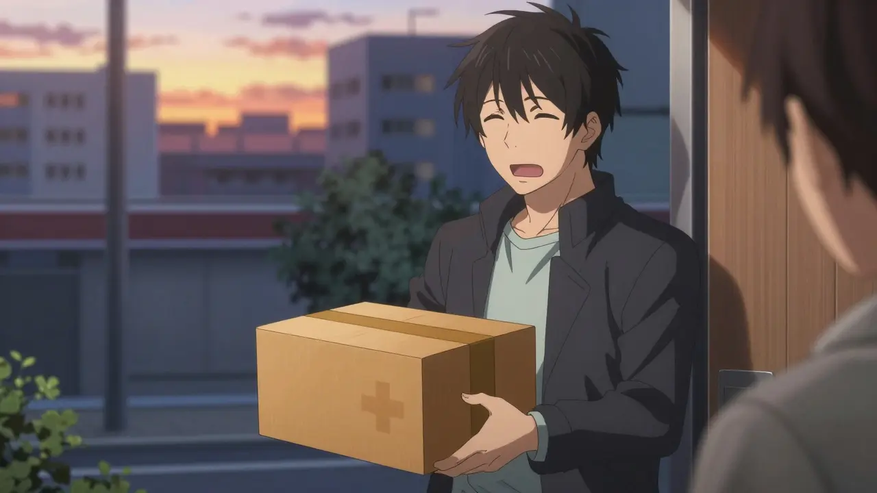 Stylish anime man happily receiving medication package