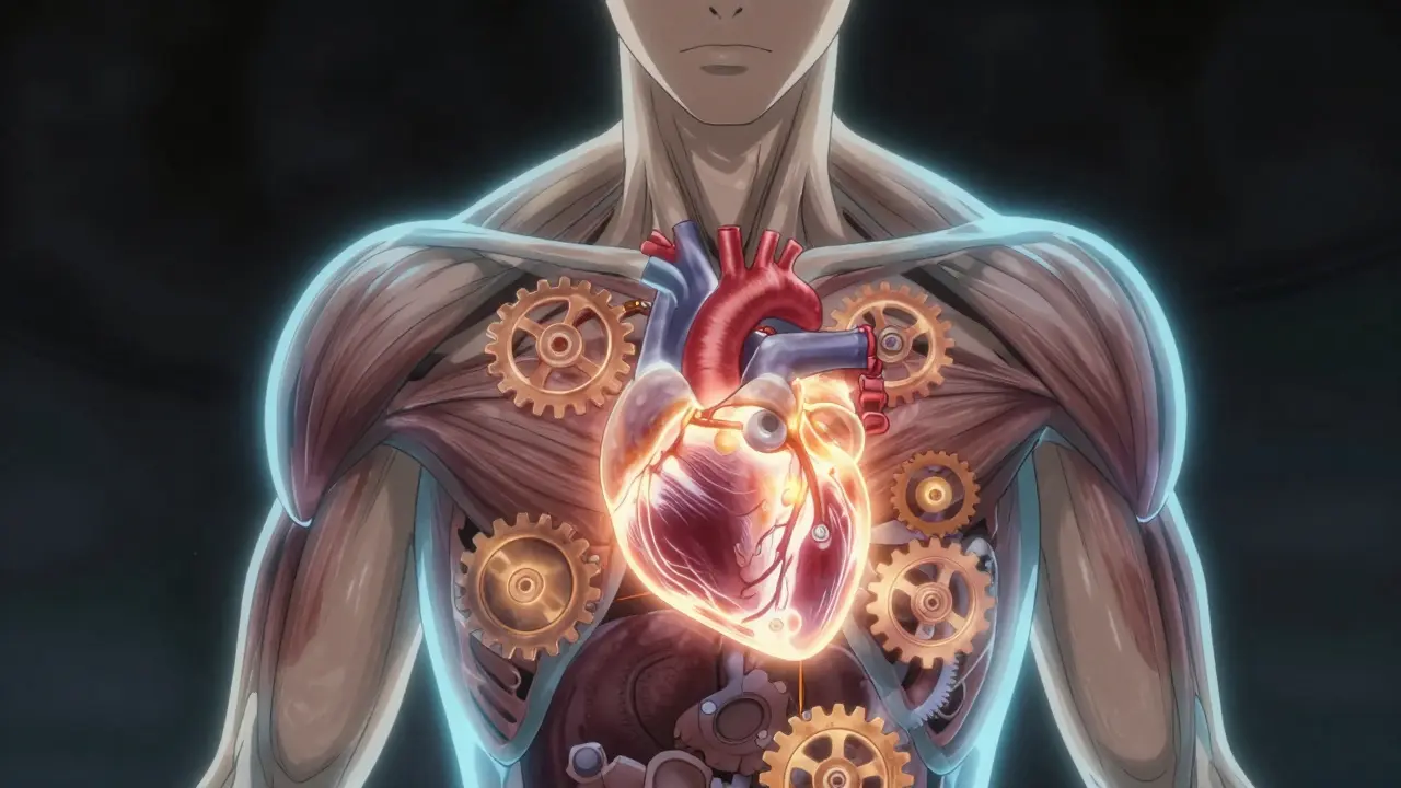Stylized anime illustration of slowing metabolic gears inside a body.