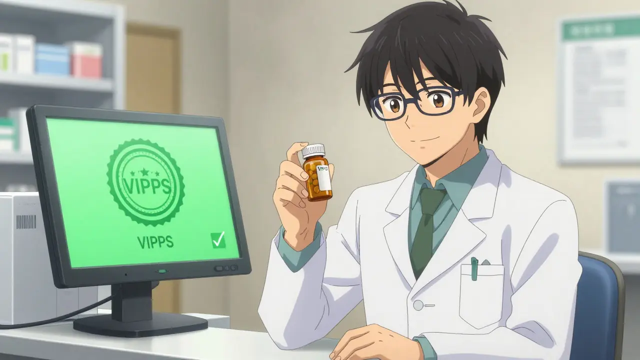Trustworthy anime pharmacist showing VIPPS certified generic medication