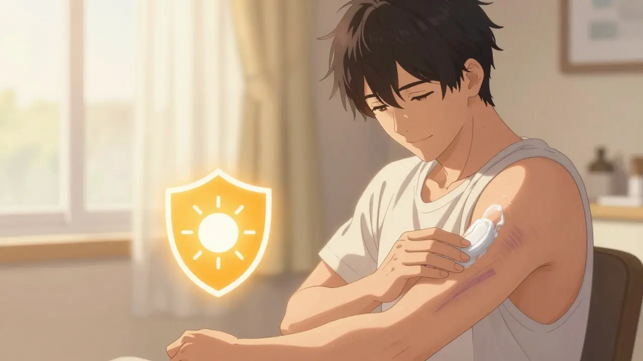 Anime character applying moisturizer to skin with stretch marks in warm light