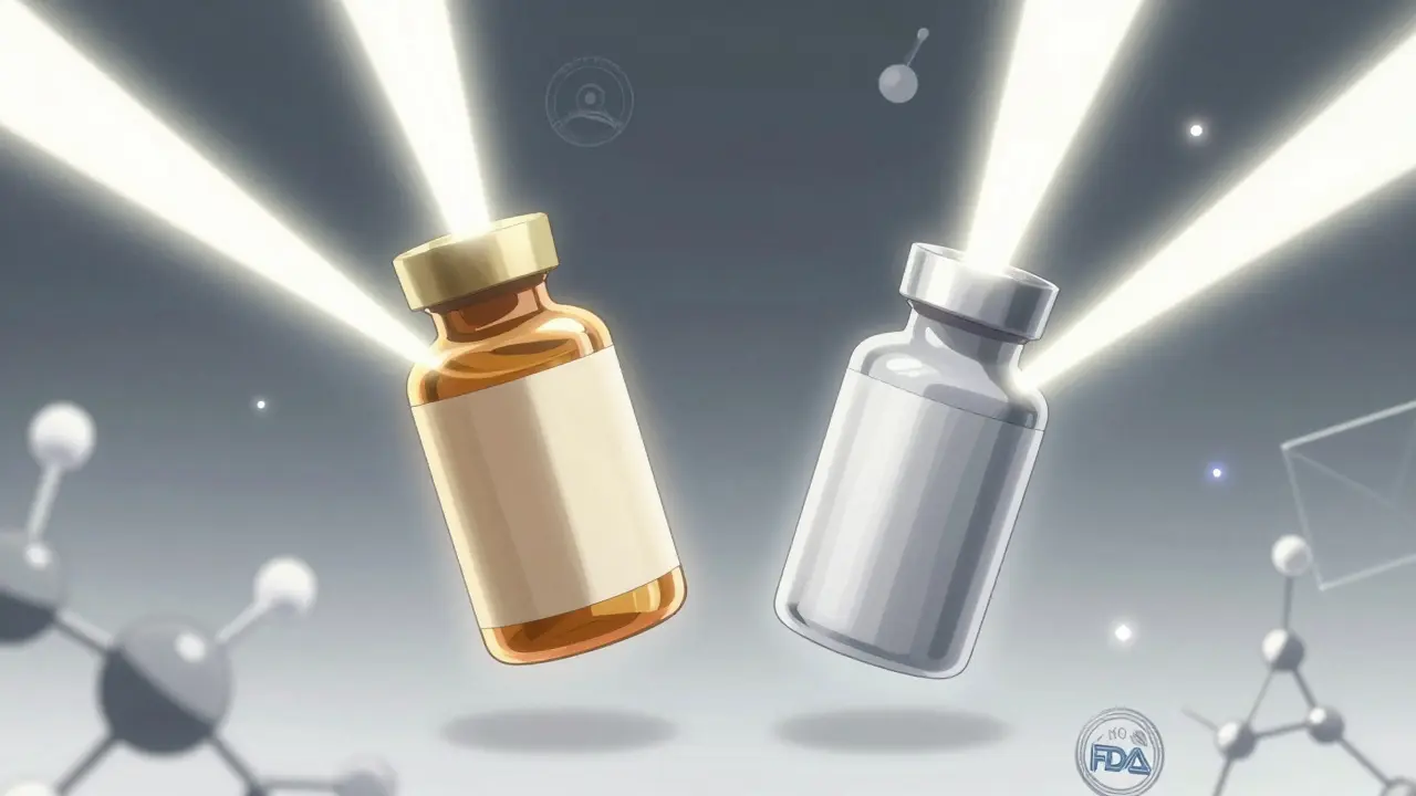 Anime illustration of two drug bottles emitting equal light, symbolizing bioequivalence