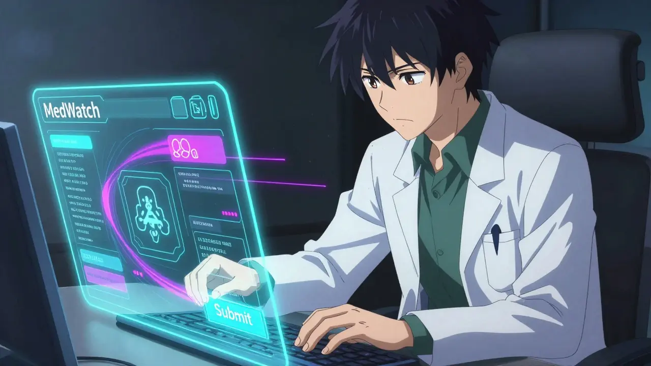 Anime pharmacist submitting a report on a glowing digital interface
