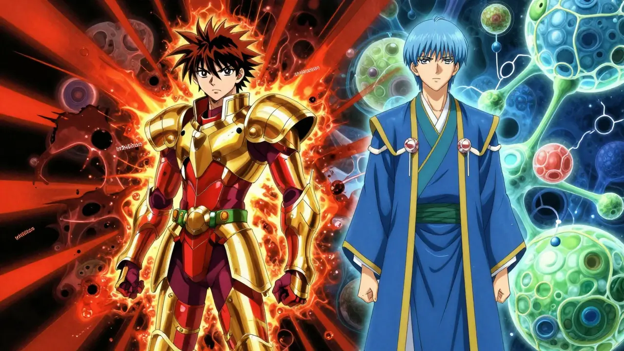 Anime style comparison of two characters representing high-risk vs safe statins in a biological setting.