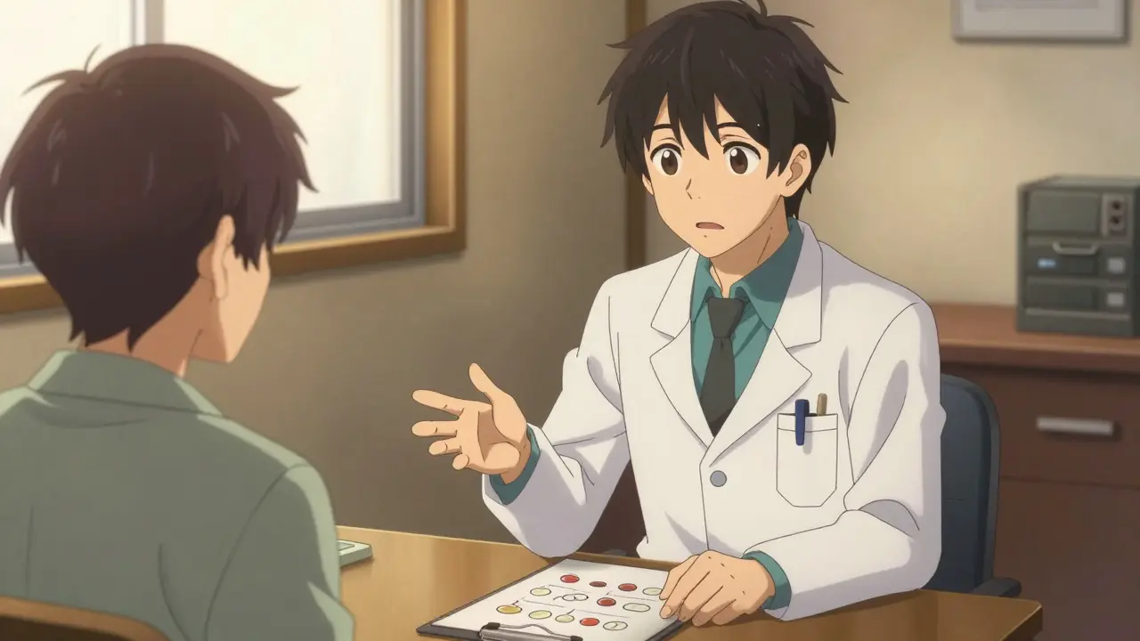Bishounen style doctor reassuring a patient about generic medication safety