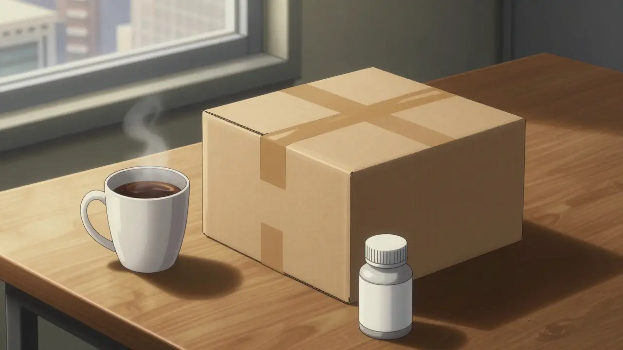 Delivery box and pill bottle on table with coffee in anime style