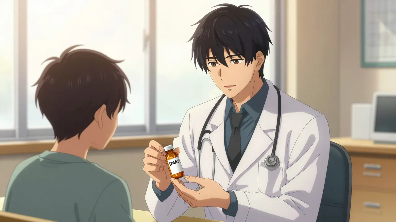 Doctor handing pills to a patient in a warm, supportive anime scene